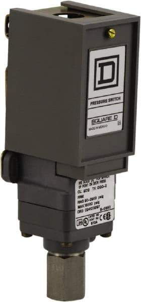Square D - 1 NEMA Rated, SPDT, 90 to 2,900 psi, Electromechanical Pressure and Level Switch - Adjustable Pressure, 120 VAC at 6 Amp, 125 VDC at 0.22 Amp, 240 VAC at 3 Amp, 250 VDC at 0.27 Amp, 1/4 Inch Connector, Screw Terminal, For Use with 9012G - Exact Tool & Supply