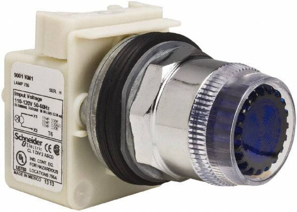 Schneider Electric - 1.18 Inch Mount Hole, Extended Straight, Pushbutton Switch Only - Round, Blue Pushbutton, Illuminated, Momentary (MO), Weatherproof, Dust and Oil Resistant - Exact Tool & Supply