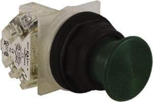 Schneider Electric - 1.22 Inch Mount Hole, Extended Mushroom Head, Pushbutton Switch with Contact Block - Round, Green Pushbutton, Nonilluminated, Momentary (MO), Anticorrosive, Dusttight, Oiltight, Watertight and Shock and Vibration Resistant - Exact Tool & Supply