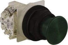 Schneider Electric - 1.22 Inch Mount Hole, Extended Mushroom Head, Pushbutton Switch with Contact Block - Round, Green Pushbutton, Nonilluminated, Momentary (MO), Anticorrosive, Dusttight, Oiltight, Watertight and Shock and Vibration Resistant - Exact Tool & Supply