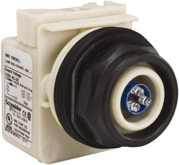 Schneider Electric - 120 V Blue Lens LED Pilot Light - Round Lens, Screw Clamp Connector, 54mm OAL x 42mm Wide, Vibration Resistant - Exact Tool & Supply