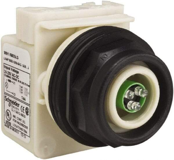 Schneider Electric - 28 V Green Lens LED Pilot Light - Round Lens, Screw Clamp Connector, 54mm OAL x 42mm Wide, Vibration Resistant - Exact Tool & Supply