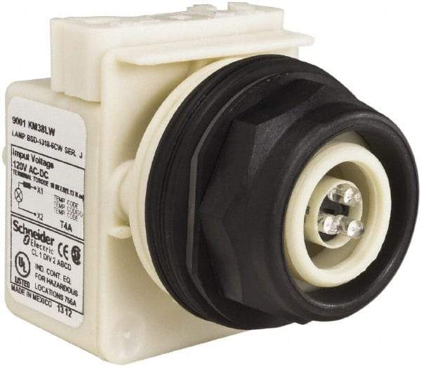 Schneider Electric - 120 V White Lens LED Pilot Light - Round Lens, Screw Clamp Connector, 54mm OAL x 42mm Wide, Vibration Resistant - Exact Tool & Supply