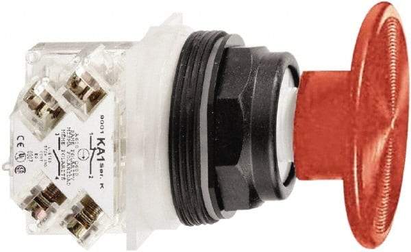 Schneider Electric - 30mm Mount Hole, Extended Mushroom Head, Pushbutton Switch with Contact Block - Round, Red Pushbutton, Momentary (MO) - Exact Tool & Supply