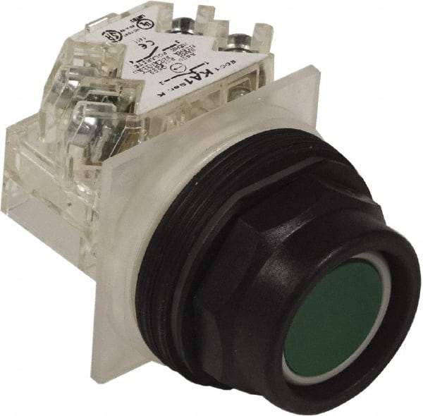 Schneider Electric - 30mm Mount Hole, Extended Straight, Pushbutton Switch with Contact Block - Green Pushbutton, Momentary (MO) - Exact Tool & Supply