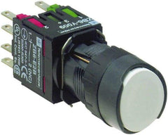 Schneider Electric - 16mm Mount Hole, Flush, Pushbutton Switch with Contact Block - Round, White Pushbutton, Nonilluminated, Momentary (MO), Anticorrosive, Dusttight, Watertight and Shock and Vibration Resistant - Exact Tool & Supply