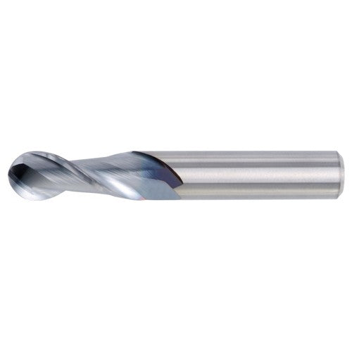 1/8″ Dia. × 1/8″ Shank × 1/4″ DOC × 2″ OAL, Carbide Uncoated, 2 Flute, CW|37° Helix, Round, Ballnose End Mill - Exact Tool & Supply