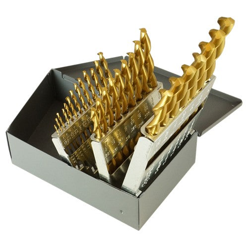 ‎1/16-1/2 RHS / RHC HSS 135 Degree Split Point Deep Hole Parabolic Jobber Length Drill Set - TiN - Exact Tool & Supply