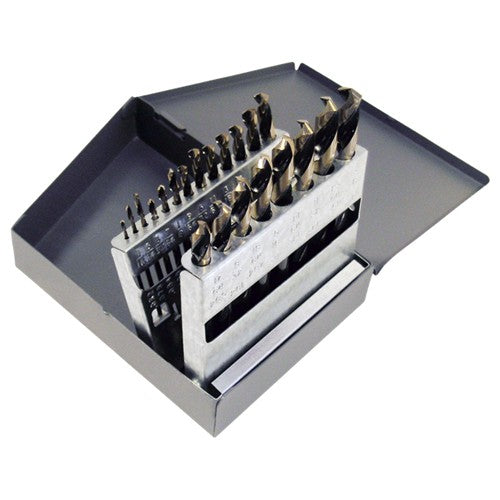 ‎1/16-3/8 RHS / RHC HSS 135 Degree Split Point Heavy Duty Black & Gold Mechanics Length Drill Set - Black & Gold - Exact Tool & Supply