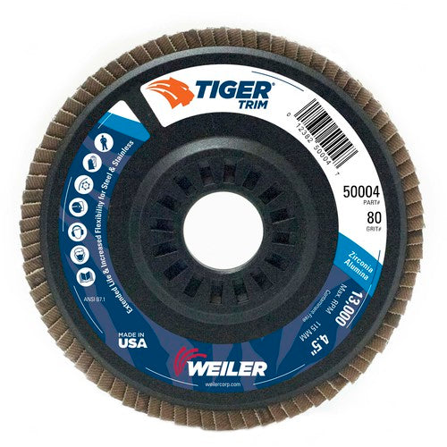 4-1/2″ Tiger Disc Abrasive Flap Disc, Angled, Trimmable Backing, 80Z, 7/8″ Arbor Hole - Exact Tool & Supply