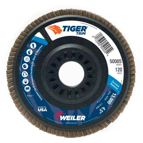 4-1/2″ Tiger Disc Abrasive Flap Disc, Angled, Trimmable Backing, 120Z, 7/8″ Arbor Hole - Exact Tool & Supply