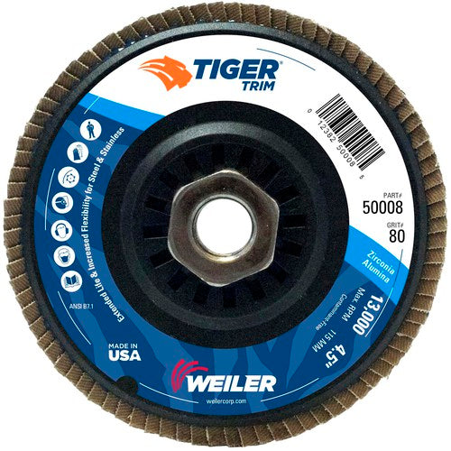 4-1/2″ Tiger Disc Abrasive Flap Disc, Angled, Trimmable Backing, 80Z, 5/8″-11 UNC Nut - Exact Tool & Supply