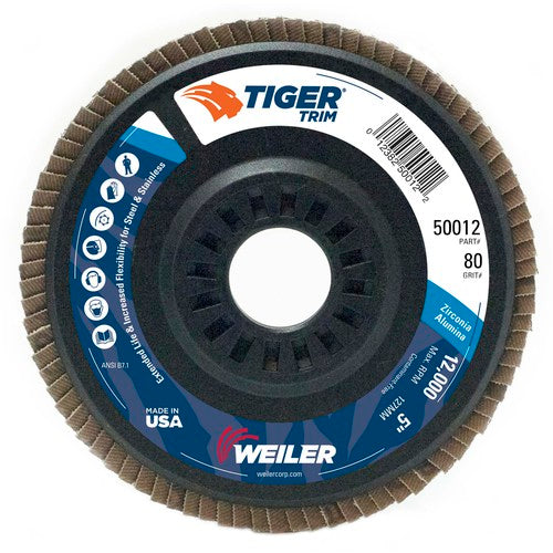5″ Tiger Disc Abrasive Flap Disc, Angled, Trimmable Backing, 80Z, 7/8″ Arbor Hole - Exact Tool & Supply