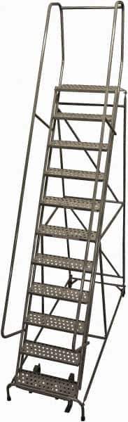 Cotterman - 140" 11 Step Rolling Warehouse Ladder - Rolling Safety Ladder, 450 Lb Capacity, 110" Platform Height, 32" Base Width x 91" Base Depth, Perforated Tread - Exact Tool & Supply