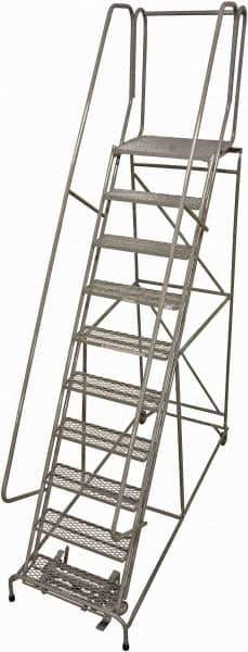 Cotterman - 130" 10 Step Rolling Warehouse Ladder - Rolling Safety Ladder, 450 Lb Capacity, 100" Platform Height, 32" Base Width x 84" Base Depth, Perforated Tread - Exact Tool & Supply