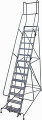 Cotterman - 182" 14 Step Rolling Warehouse Ladder - Rolling Safety Ladder, 450 Lb Capacity, 140" Platform Height, 42" Base Width x 101" Base Depth, Expanded Metal Tread - Exact Tool & Supply
