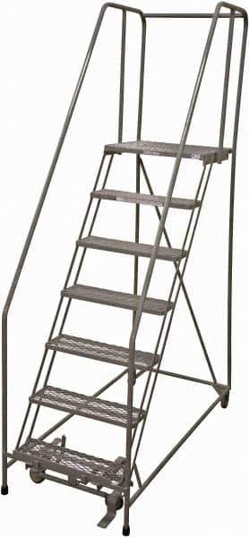 Cotterman - 100" 7 Step Rolling Warehouse Ladder - Rolling Safety Ladder, 450 Lb Capacity, 70" Platform Height, 24" Base Width x 63" Base Depth, Serrated Steel - Exact Tool & Supply
