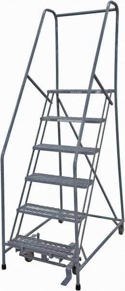 Cotterman - 90" 6 Step Rolling Warehouse Ladder - Rolling Safety Ladder, 450 Lb Capacity, 60" Platform Height, 30" Base Width x 56" Base Depth, Expanded Metal Tread - Exact Tool & Supply