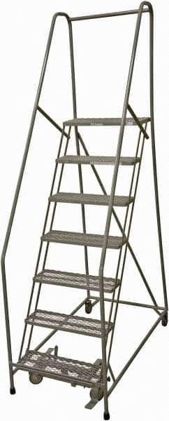 Cotterman - 100" 7 Step Rolling Warehouse Ladder - Rolling Safety Ladder, 450 Lb Capacity, 70" Platform Height, 24" Base Width x 53" Base Depth, Serrated Steel - Exact Tool & Supply