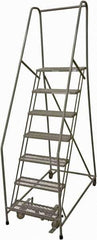 Cotterman - 100" 7 Step Rolling Warehouse Ladder - Rolling Safety Ladder, 450 Lb Capacity, 70" Platform Height, 24" Base Width x 53" Base Depth, Serrated Steel - Exact Tool & Supply