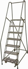 Cotterman - 100" 7 Step Rolling Warehouse Ladder - Rolling Safety Ladder, 450 Lb Capacity, 70" Platform Height, 24" Base Width x 53" Base Depth, Expanded Metal Tread - Exact Tool & Supply
