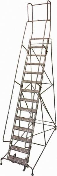 Cotterman - 182" 14 Step Rolling Warehouse Ladder - Rolling Safety Ladder, 450 Lb Capacity, 140" Platform Height, 42" Base Width x 111" Base Depth, Perforated Tread - Exact Tool & Supply