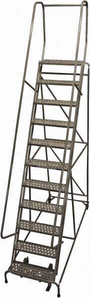 Cotterman - 140" 11 Step Rolling Warehouse Ladder - Rolling Safety Ladder, 450 Lb Capacity, 110" Platform Height, 32" Base Width x 78" Base Depth, Perforated Tread - Exact Tool & Supply