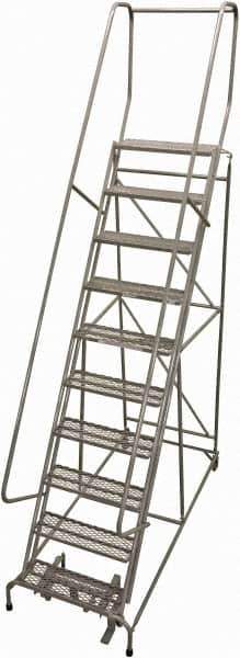 Cotterman - 130" 10 Step Rolling Warehouse Ladder - Rolling Safety Ladder, 450 Lb Capacity, 100" Platform Height, 32" Base Width x 72" Base Depth, Perforated Tread - Exact Tool & Supply