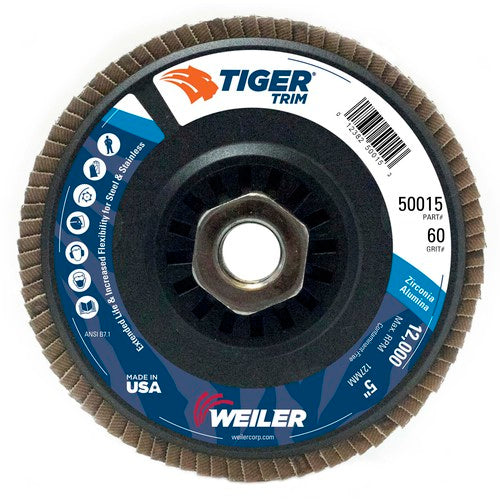 5″ Tiger Disc Abrasive Flap Disc, Angled, Trimmable Backing, 60Z, 5/8″-11 UNC Nut - Exact Tool & Supply