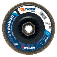 5″ Tiger Disc Abrasive Flap Disc, Angled, Trimmable Backing, 80Z, 5/8″-11 UNC Nut - Exact Tool & Supply
