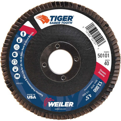 ‎4-1/2″ Saber Tooth Ceramic Abrasive Flap Disc, Angled, Phenolic Backing, 40C, 7/8″ Arbor Hole - Exact Tool & Supply