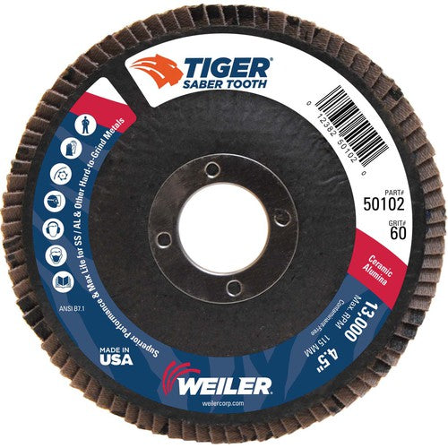 ‎4-1/2″ Saber Tooth Ceramic Abrasive Flap Disc, Angled, Phenolic Backing, 60C, 7/8″ Arbor Hole - Exact Tool & Supply