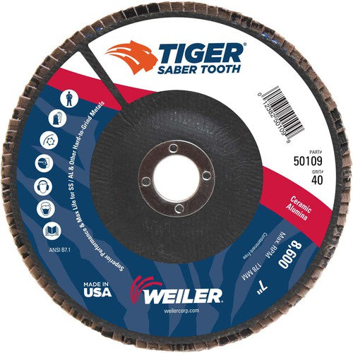 7″ Saber Tooth Ceramic Abrasive Flap Disc, Angled, Phenolic Backing, 40C, 7/8″ Arbor Hole - Exact Tool & Supply