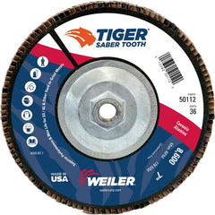 7″ Saber Tooth Ceramic Abrasive Flap Disc, Angled, Phenolic Backing, 36C, 5/8″-11 UNC Nut - Exact Tool & Supply