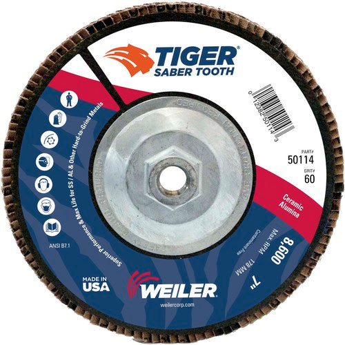 7″ Saber Tooth Ceramic Abrasive Flap Disc, Angled, Phenolic Backing, 60C, 5/8″-11 UNC Nut - Exact Tool & Supply