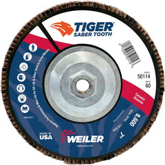 7″ Saber Tooth Ceramic Abrasive Flap Disc, Angled, Phenolic Backing, 60C, 5/8″-11 UNC Nut - Exact Tool & Supply