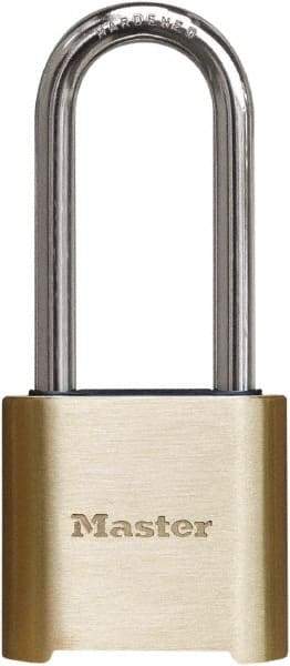 Master Lock - 2" Body Width x 3" Body Height, 2" Shackle Clearance, Brass Finish Combination Lock - 5/16" Shackle Diam, 1" Shackle Width, Set Your Own 4 Digit Combination - Exact Tool & Supply