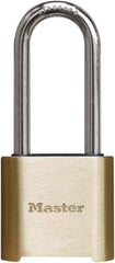 Master Lock - 2" Body Width x 3" Body Height, 2" Shackle Clearance, Brass Finish Combination Lock - 5/16" Shackle Diam, 1" Shackle Width, Set Your Own 4 Digit Combination - Exact Tool & Supply