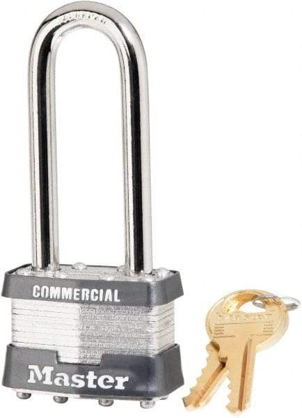 Master Lock - 2-1/2" Shackle Clearance, Keyed Different Laminated Steel Padlock - 5/16" Shackle Diam, Steel - Exact Tool & Supply
