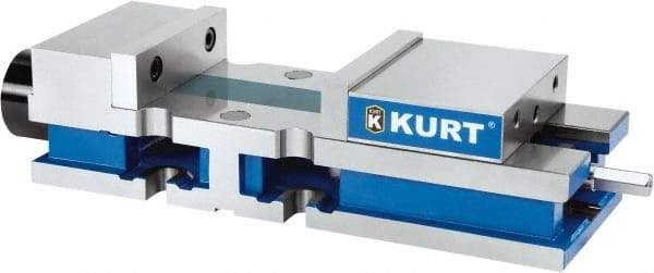 Kurt - 8" Jaw Width, 10-1/4" Jaw Opening Capacity, Horizontal Stationary Machine Vise - Hydraulic Operation, 1 Station, 27" Long x 6" High x 1" Deep, 6" Jaw Height, 3,200 Lb Max Clamp Force, Ductile Iron - Exact Tool & Supply