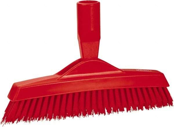 Vikan - 1.6" Bristle Length, Polyester Utility Scrub Brush - 9" Long x 1-1/2" Wide Head, 9-1/4" OAL, European Threaded Handle, Red, Polypropylene Block - Exact Tool & Supply