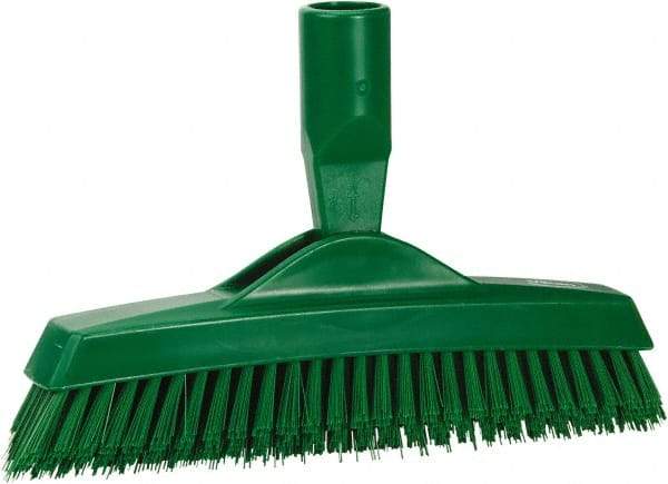 Vikan - 1.6" Bristle Length, Polyester Utility Scrub Brush - 9" Long x 1-1/2" Wide Head, 9-1/4" OAL, European Threaded Handle, Green, Polypropylene Block - Exact Tool & Supply
