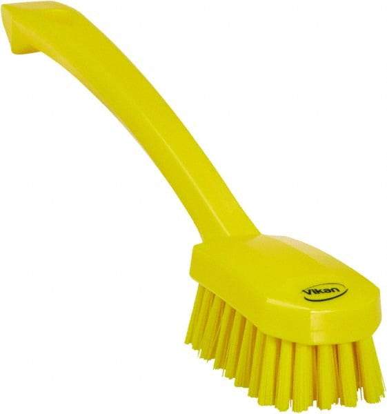 Vikan - 0.8" Bristle Length, Polyester Food Service Brush - 3" Long x 1.6" Wide Head, 10.2" OAL, Ergonomic Handle, Yellow, Polypropylene Block - Exact Tool & Supply