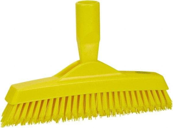 Vikan - 1.6" Bristle Length, Polyester Utility Scrub Brush - 9" Long x 1-1/2" Wide Head, 9-1/4" OAL, European Threaded Handle, Yellow, Polypropylene Block - Exact Tool & Supply