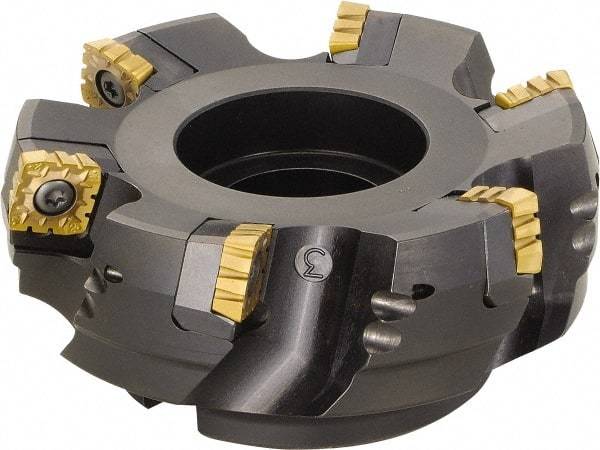 Kyocera - 125mm Cut Diam, 40mm Arbor Hole, 12mm Max Depth of Cut, 75° Indexable Chamfer & Angle Face Mill - 6 Inserts, SPMT1806 Insert, Right Hand Cut, 6 Flutes, Series MSRS15 - Exact Tool & Supply