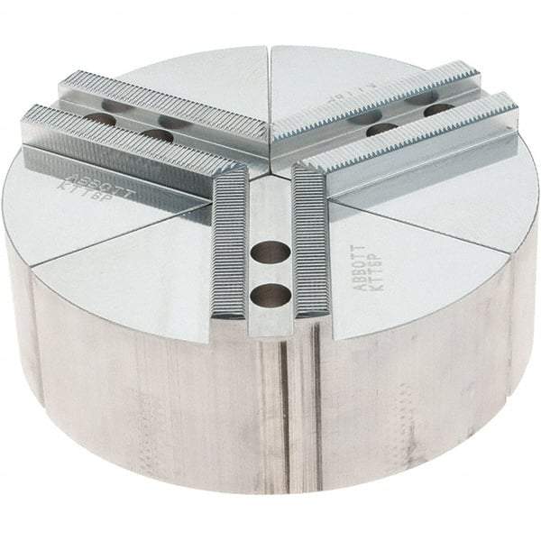 Abbott Workholding Products - 6" Max Chuck Capacity, 1.5mm x 60° Serrated Interface, Round Soft Lathe Chuck Jaw - 3 Jaw, Aluminum, 0.7874" Btw Mount Hole Ctrs, 6" Wide, 2" High, 10mm Fastener - Exact Tool & Supply