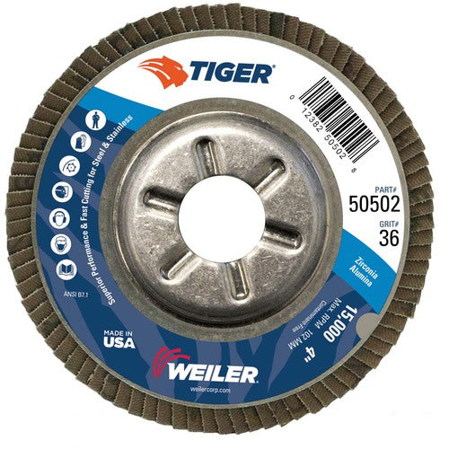 4″ Tiger Disc Abrasive Flap Disc, Angled, Alum. Backing, 36Z, 5/8″ Arbor Hole - Exact Tool & Supply