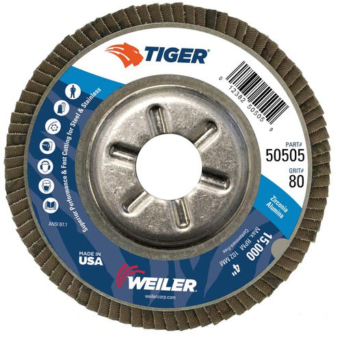 4″ Tiger Disc Abrasive Flap Disc, Angled, Alum. Backing, 80Z, 5/8″ Arbor Hole - Exact Tool & Supply