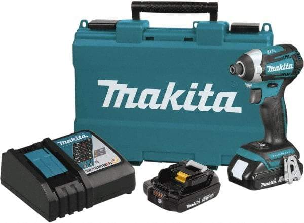 Makita - 18 Volt, 1/4" Drive, 20 Ft/Lb Torque, Cordless Impact Driver - Pistol Grip Handle, 3600 RPM, 2 Lithium-Ion Batteries Included - Exact Tool & Supply