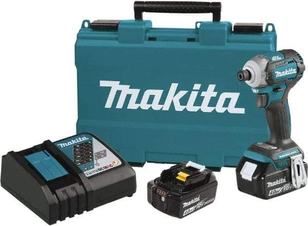 Makita - 18 Volt, 1/2" Drive, 20 Ft/Lb Torque, Cordless Impact Driver - Pistol Grip Handle, 3600 RPM, 2 Lithium-Ion Batteries Included - Exact Tool & Supply